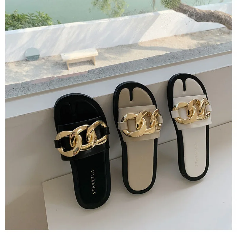 

2021 New Women's Shoes, Golden Chain Decoration, Flat-bottomed Women's Slippers, Casual Lazy Sandals and Slippers