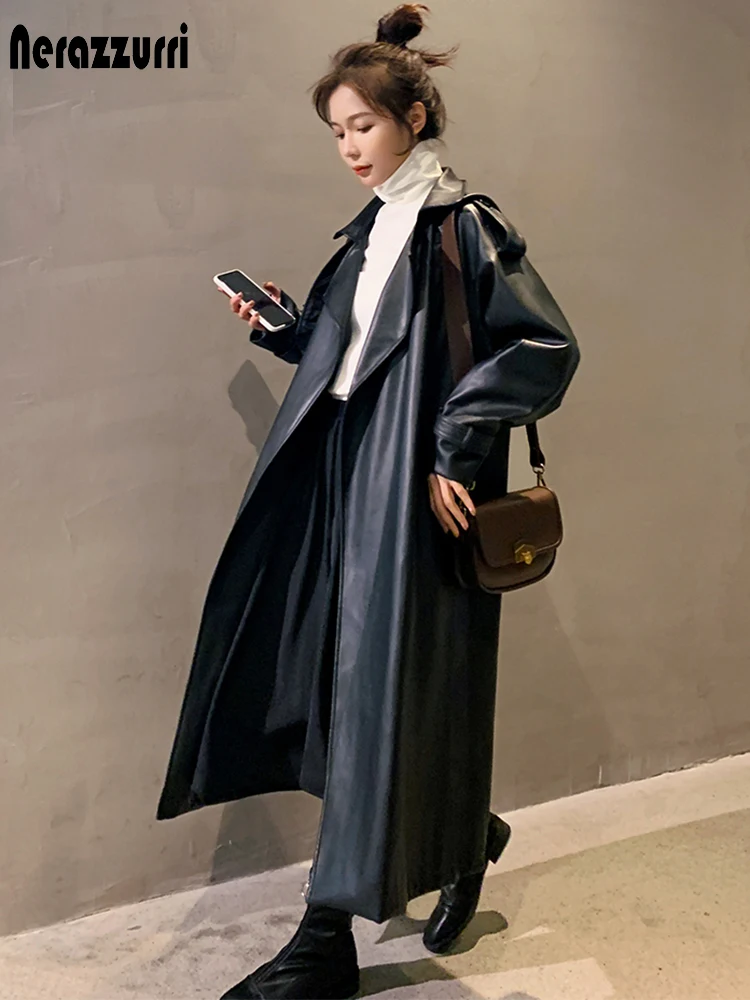 

Женский Длинный Тренч с длинным рукавом, черное водонепроницаемое кожаное пальто большого размера, свободная модная одежда в Корейском сти...