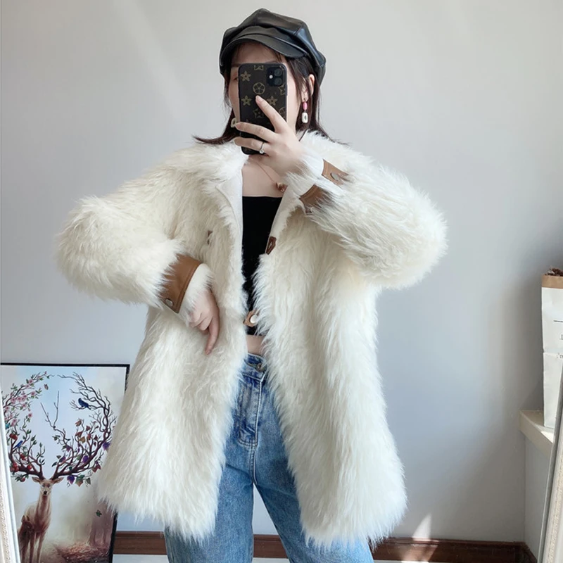Winter Women's Wool Coat Fur One-Breasted Single-Breasted Hoodless Lapel Ladies Loose Warm Jacket Fashionable Temperament Casual