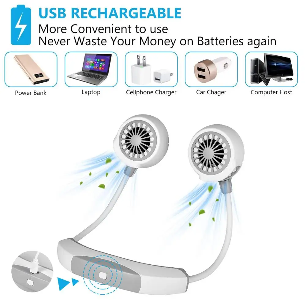 

2020 NEW Portable Neck Fan USB Rechargeable Mini Fans 360 Adjustment Portable Hanging Air Cooler 3 Adjustable Air Conditioner
