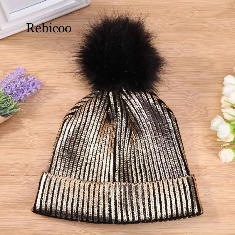 Зимняя женская шапка для девочек с золотым и серебряным помпоном теплые шапки
