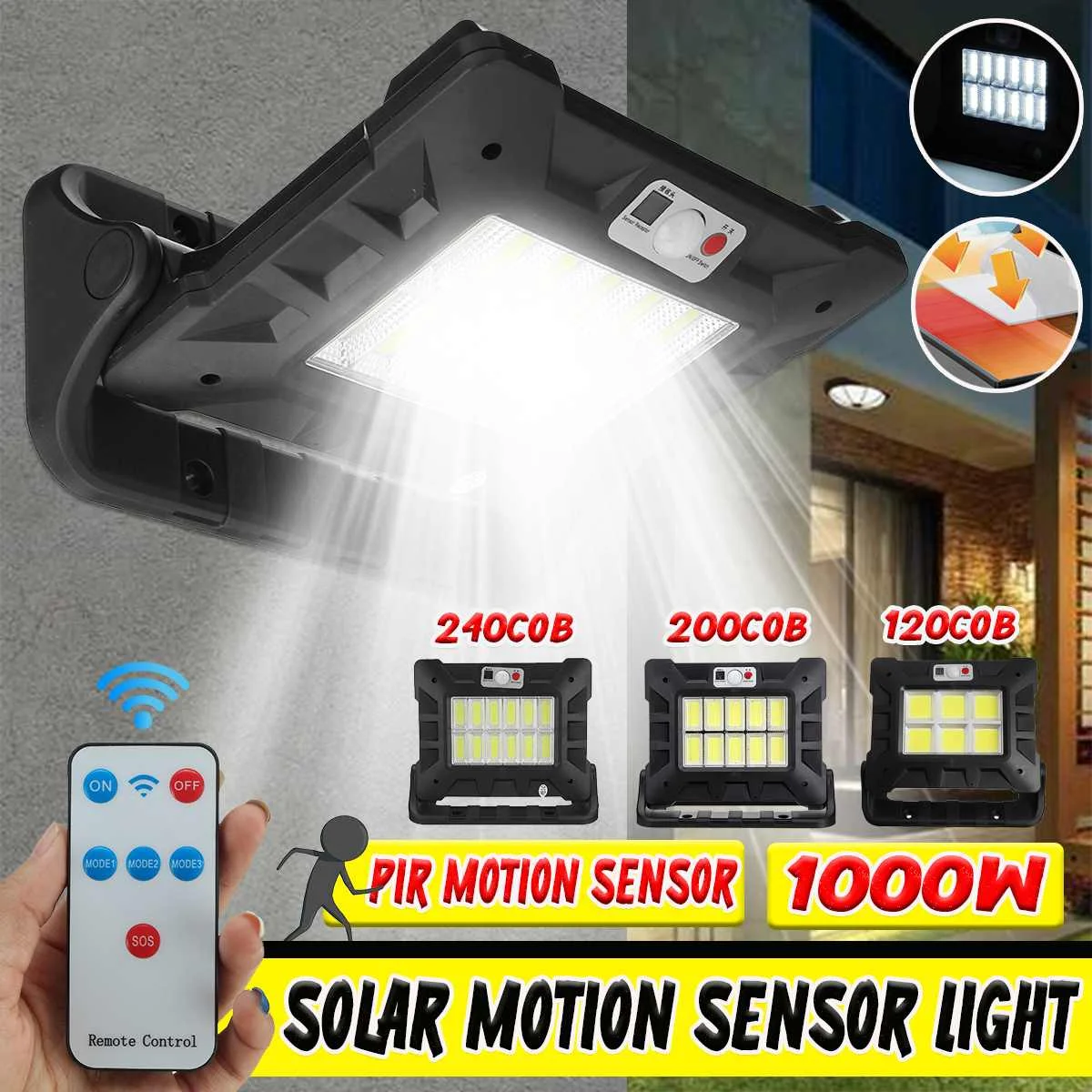 

1000W LED Solar Street Light IP65 Outdoor Garden Radar PIR Motion Sensor Solar Wall Lamp Solar Powered Light+Remote Control