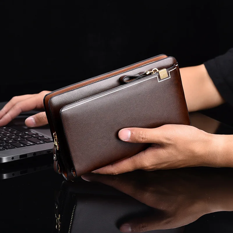

Luxury Brand Men Clutch Bag Fashion Long Wallet Men Leather Double Zipper Business Purse Black Brown Casual Male Handy Money Bag