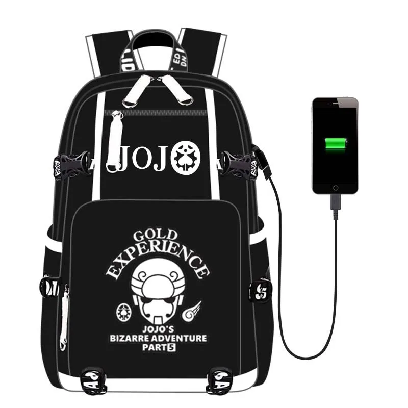 Рюкзак JoJo Adventure, рюкзак, дорожная школьная сумка, рюкзак, сумка для книг, USB порт, Черная передняя молния для мужчин, подростков, студентов