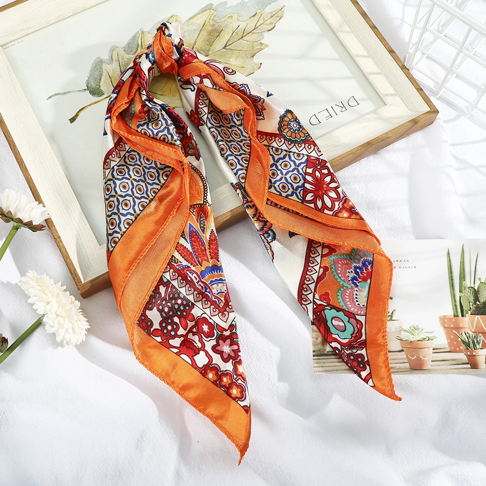 

50*50CM Square Silk Scarf Women Fashion Print Small Neck Scarves Office Lady Hair Band Turban Bandanas New Hair Accessories