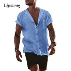 Рубашка мужская с короткими рукавами, повседневная льняная и хлопковая блуза свободного покроя, модная рубашка с отложным воротником, однотонная, лето 2021
