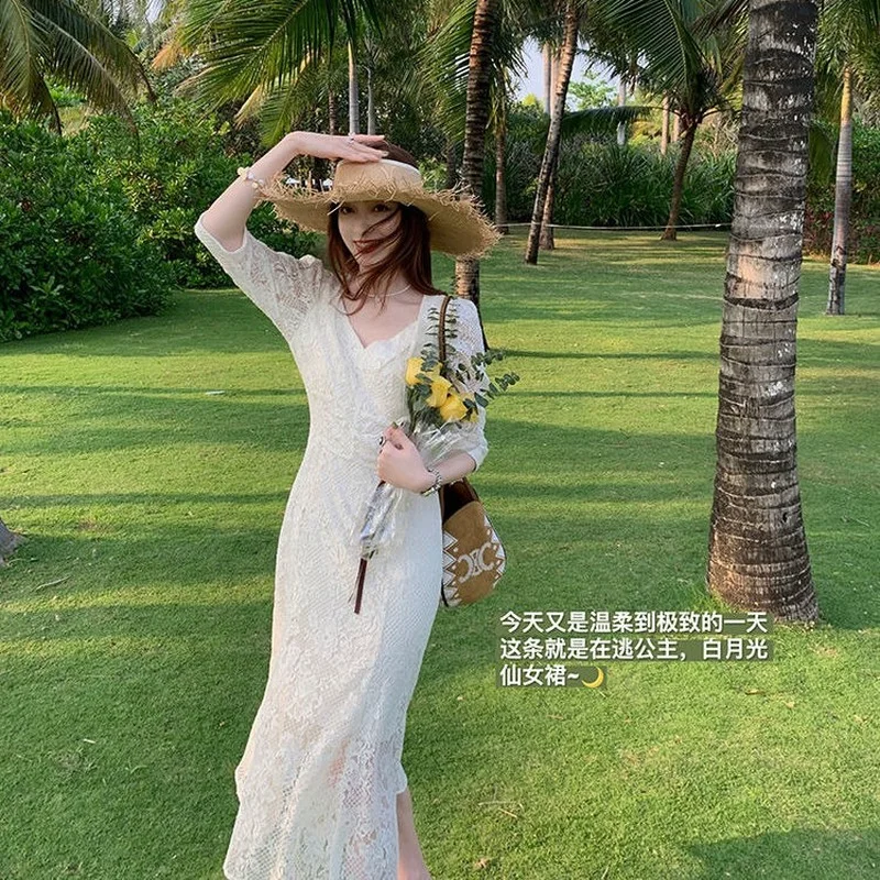 

2021 Summer Elegant Vintage Dress Women V-neck Lace Floral Printed Dress Korean Style Evening Party Dress for Female Office Lady