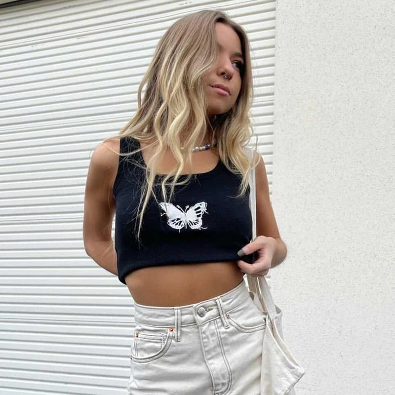 

Butterfly Black Y2k Crop Tank Top For Girls Women's T-Shirt Fashion 2021 Summer Casual Tee Sleeveless Corset Pulovers Female