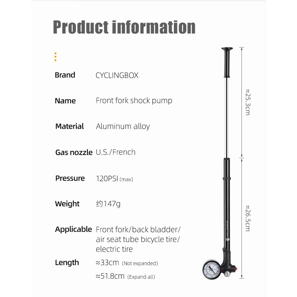 

Aluminum Alloy 120psi MTB Bike Front Fork Pump w/ Pressure Gauge Shock Absorber Inflator Shock Pump