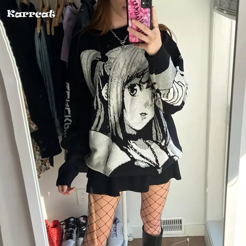 

Karrcat Japanese Anime Death Note Pullovers Women Gothic Fairy Grunge Oversize Sweater Cottagecore Girls Cartoon Streetwear Emo