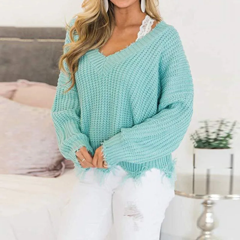 

Off The Shoulder Autumn Sweater For Women Fringe Distressed Knitted Female Tops Long Sleeve Pullover Sweaters