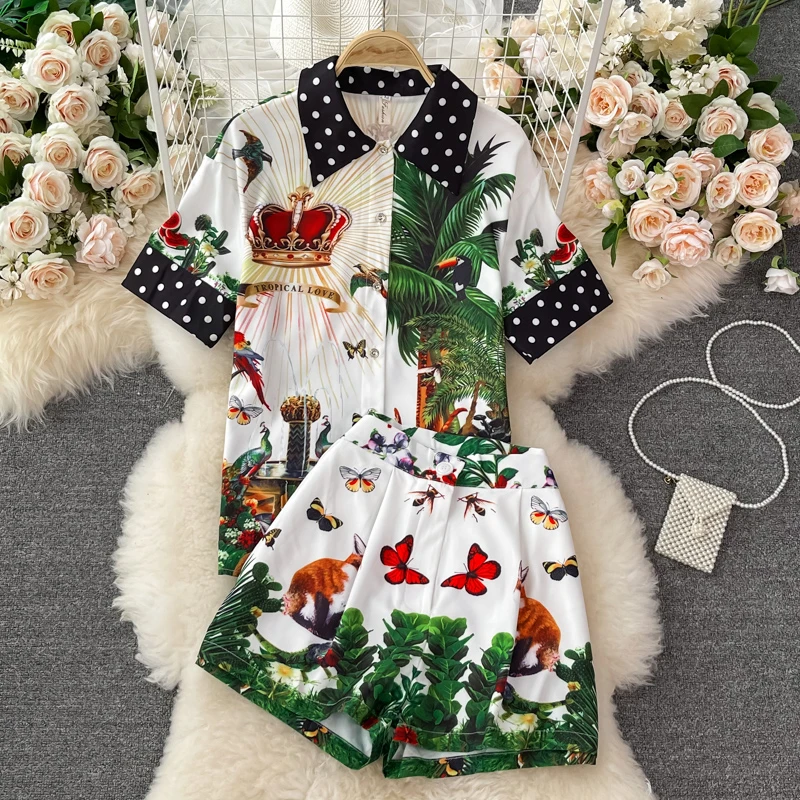 

Summer Runway Retro Print Shorts Set Women Turn Down Neck Short Sleeve Shirts Blouses + Pocket Mini Pant 2 Piece Set N61792