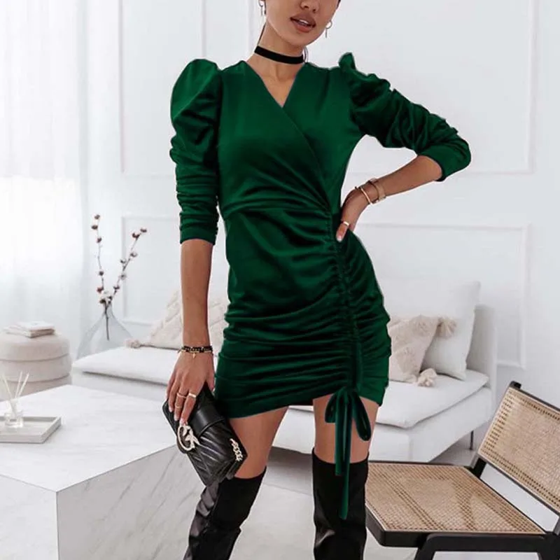 

Draw String Women's Dress Autumn Velvet Long Sleeve Ladies Dresses for Women 2021 Mini V-Neck Solid Casual Female Dress Woman