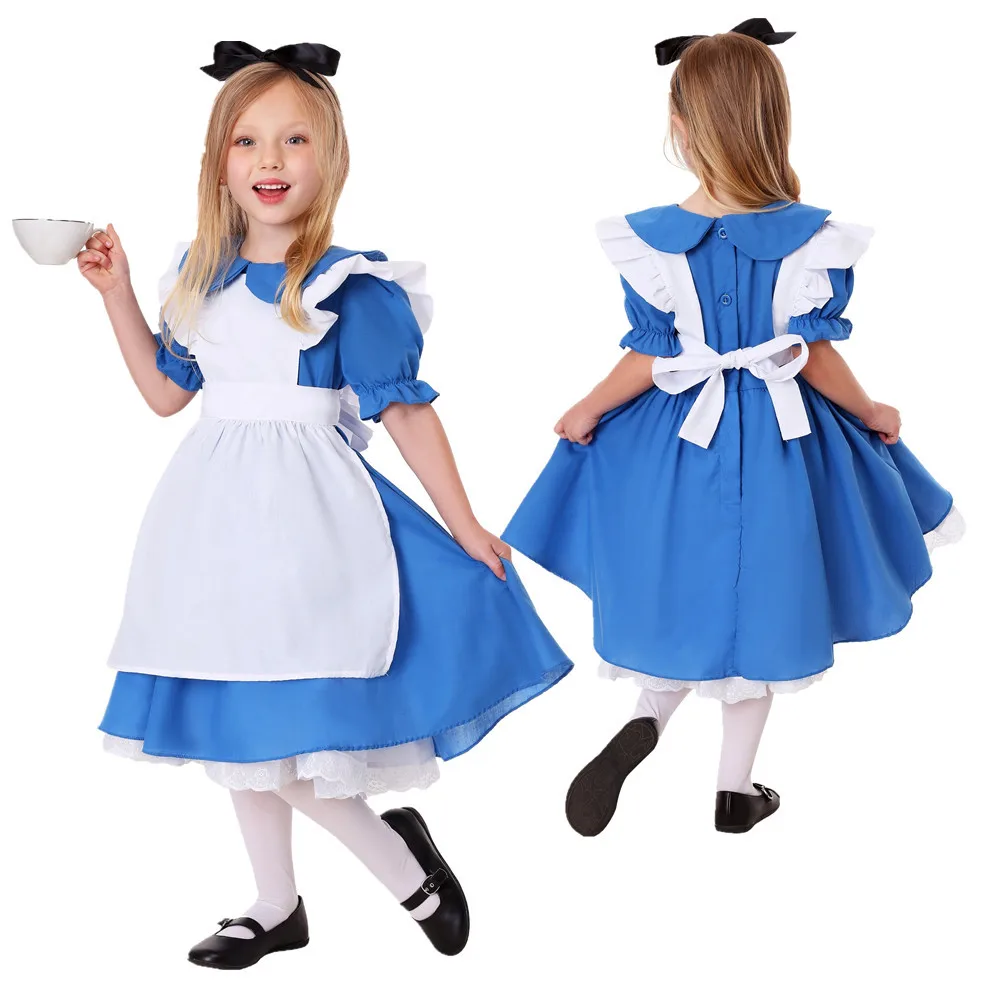 

Children Girls Blue Alice in Wonderland Costume Halloween Carnival Lolita Maid Cosplay Dress S-XL