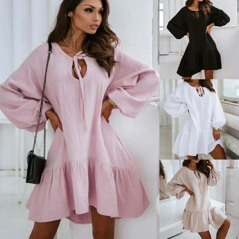 

Casual Ruffles Loose O-Neck Cotton and Linen Dress Women 2021 Summer sexy Long Sleeve Solid Plus Size Fashion Streetwear Dresses