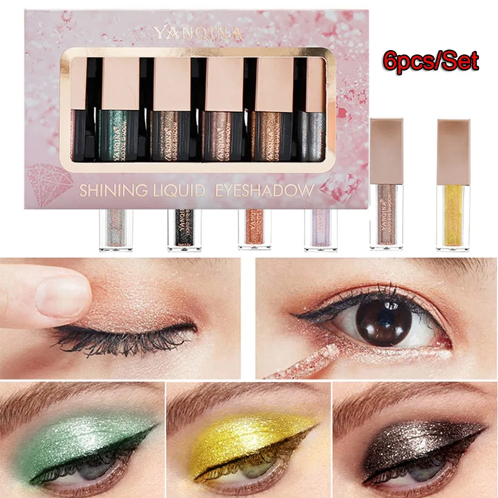 Yanqina портативные 6 цветов/набор Металлические Блестящие дымчатые глаза тени для