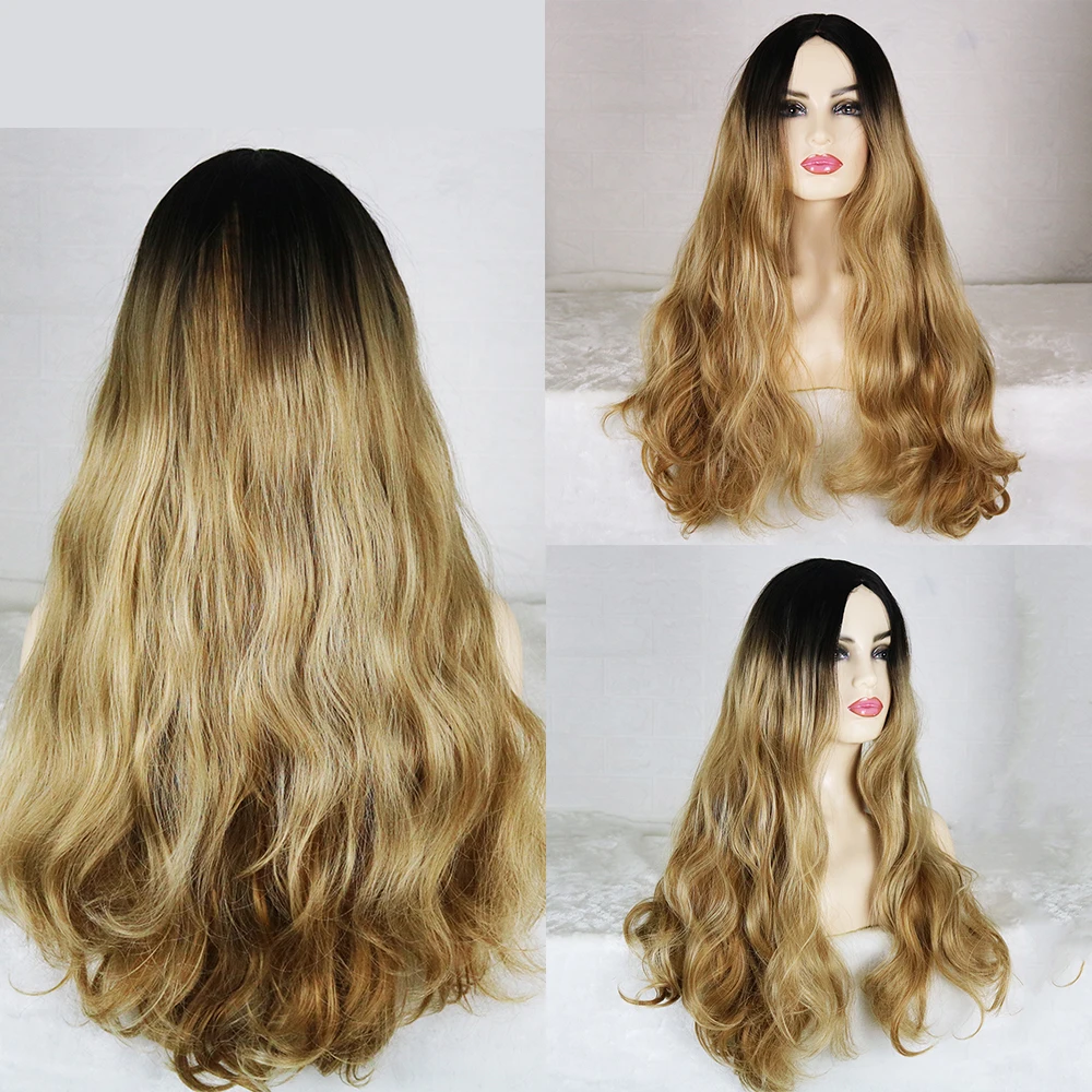 

UFANCA Long Ombre Golden Wigs Natural Synthetic Cosplay Wavy Wigs For Black Women Middle Part High Temperature Fiber