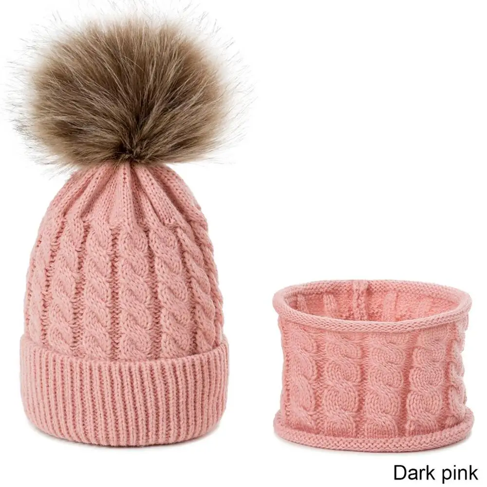 dark pink Evrfelan 2 шт./компл. вязаная шапка и шарф с помпоном теплые шапки шарфы для мальчиков и девочек, осень-зима теплая крючком набор шапочек-бини - Цвет: dark pink