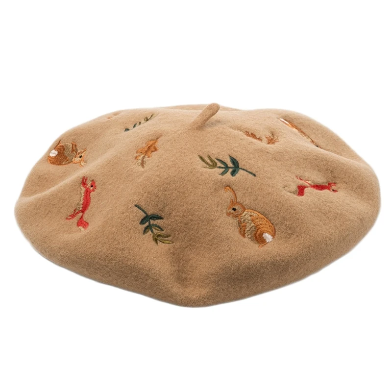 

Women Winter Faux Wool Beret Cap Cartoon Rabbit Squirrel Embroidery Painter Hat Y1QD