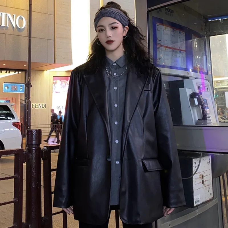 

Korean Black Leather Moto Jacket Vintage Warm Female Loose Long Sleeve Suit Blazers Fashion Streetwear Women's Spring Coat 2021