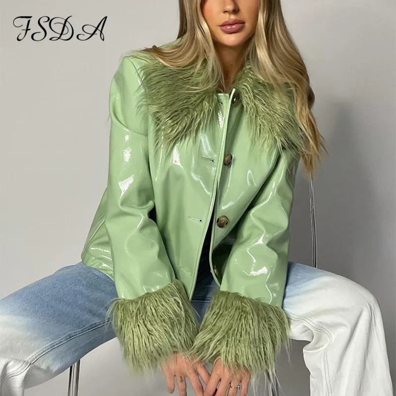 Куртка женская из ПУ кожи с отложным воротником и длинным рукавом | Женская