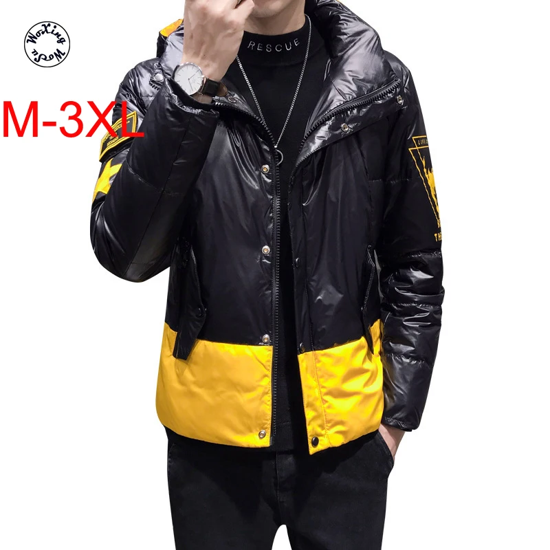

School student white duck down new shiny hooded winter coats boy's printed handsome leisure down coat