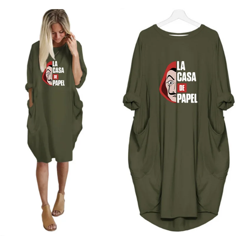 

Female Vestidos La Casa De Papel Plus Size Midi Dress Money Heist Autumn Long Sleeve O Neck Pocket Casual Loose Tshirt Dresses
