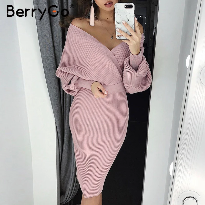 BerryGo Сексуальное Женское трикотажное платье с v-образным вырезом осень зима рукав «летучая мышь» женское платье элегантное, миди вечерние женские платья-свитера