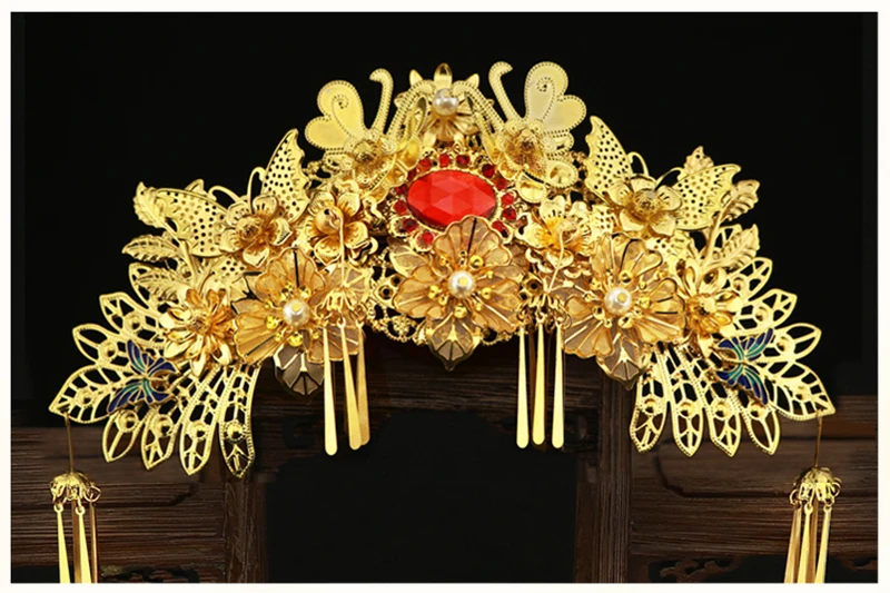 HIMSTORY Elegance Chinese Vintage Wedding Bridal Hair Accessory Traditional Gold Color Flower Bride Hair Combs Tiaras Hairwear