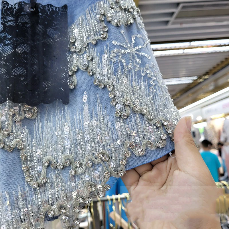 

SeeBeautiful Rhinestone Sequins Stitching Denim Shorts Lace Up Pockets New Fashion Summer 2021 Woman E544