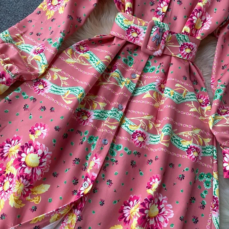 

Elegant Floral Print Women Dress Casual Turn Down Collar Long Sleeve Buttons Shirt Dress Ladies Vintage Party Dresses with Belt