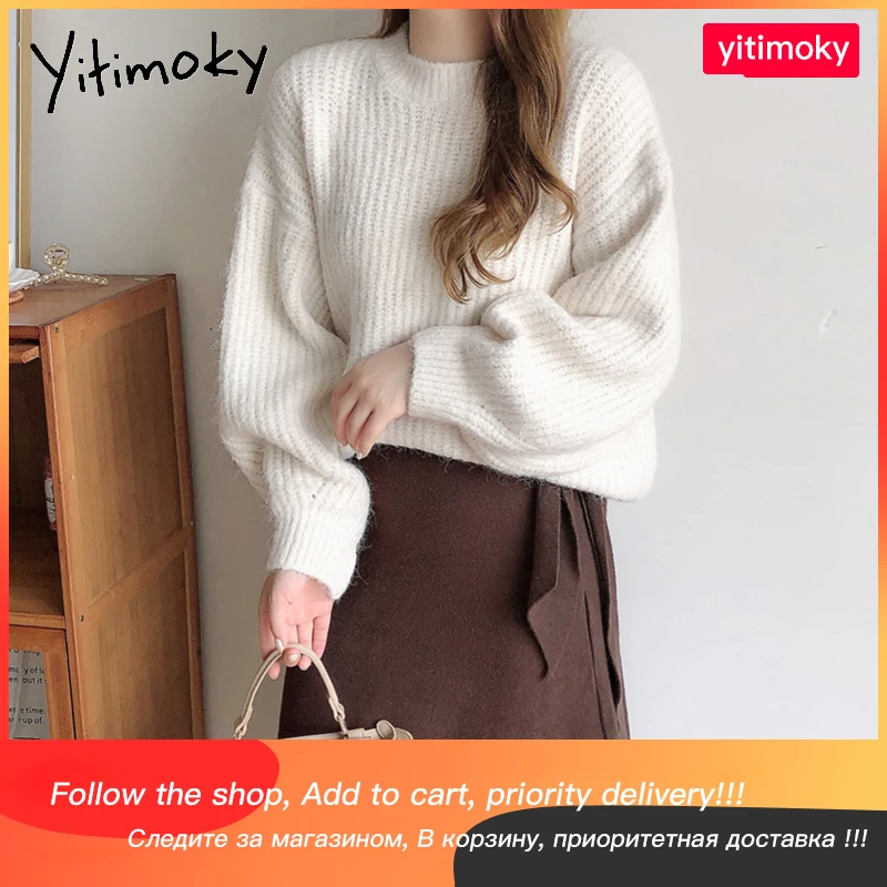 

Свитер Yitimoky для женщин, пуловеры, однотонные вязаные розовые, синие винтажные толстые Джемперы, Женская Повседневная модная свободная одеж...