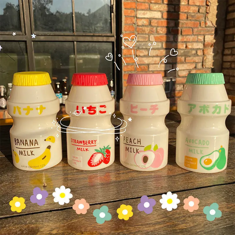 

480ml Cute Frosted Plastic Fruit Water Bottle BPA Free Portable Leakproof Yakult Shape Kawaii Milk Carton Bottle for Kids Girls