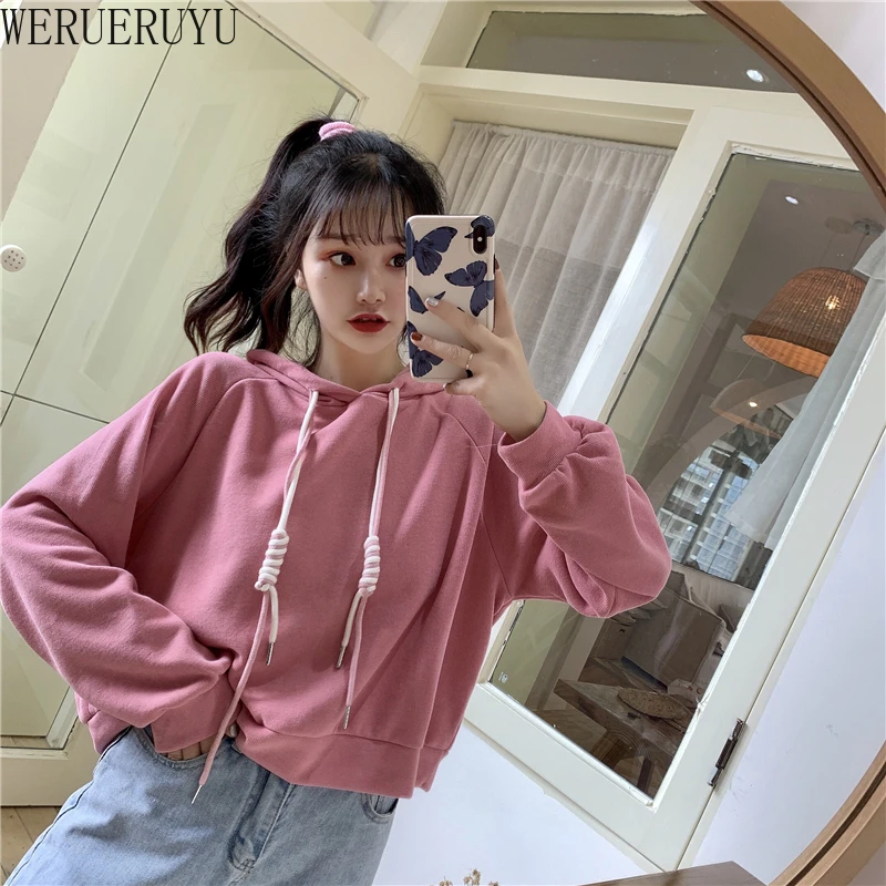 

WERUERUYU Korean Hoodie Top For Teen Girls Solid Color Harajuku Hoody Sweatshirt Leisure Long Sleeves Hooded Blouse Pullover