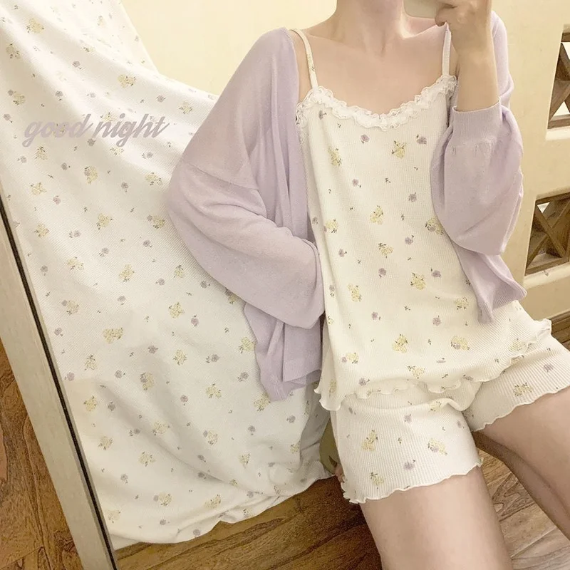 

Summer Pajama Sets Women Spaghetti Strap Cute Floral Sweet Students Loose Sleepwear Korean Style Casual Mujer 2 Pcs Lounge New