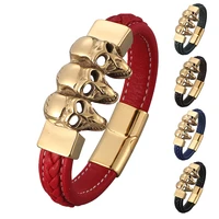 punk style skull leather bracelets punk bangles stainless steel magnetic buckle fashion wristband mens jewelry bb0832