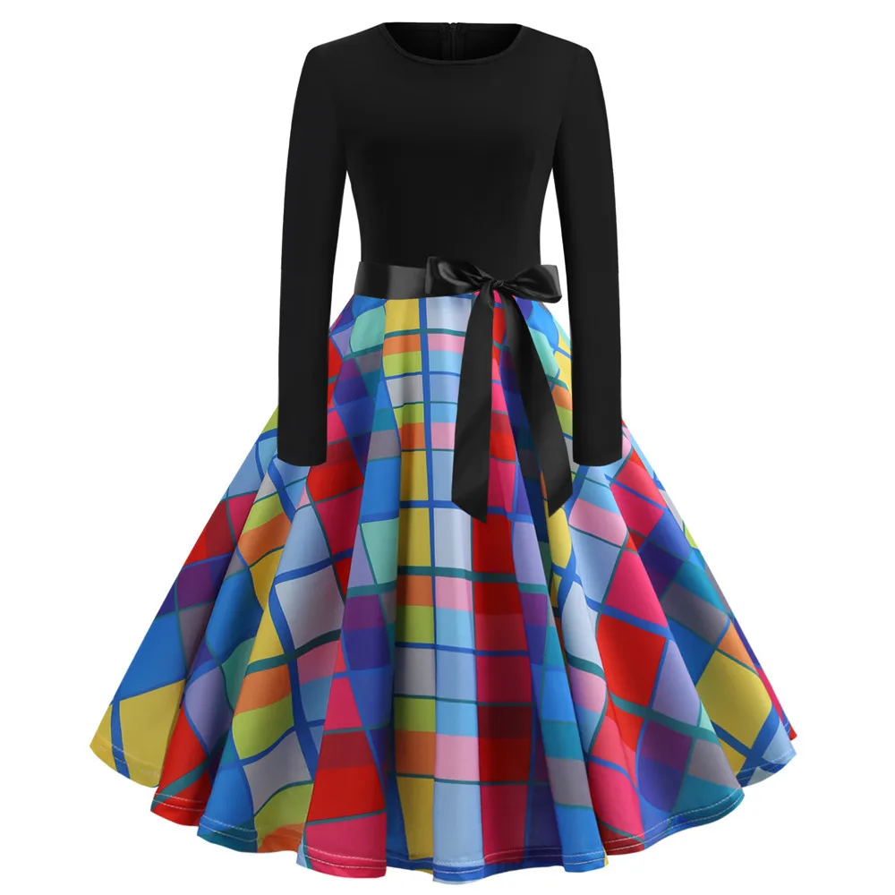 Женское винтажное платье с принтом черное в горошек длинным рукавом до колена