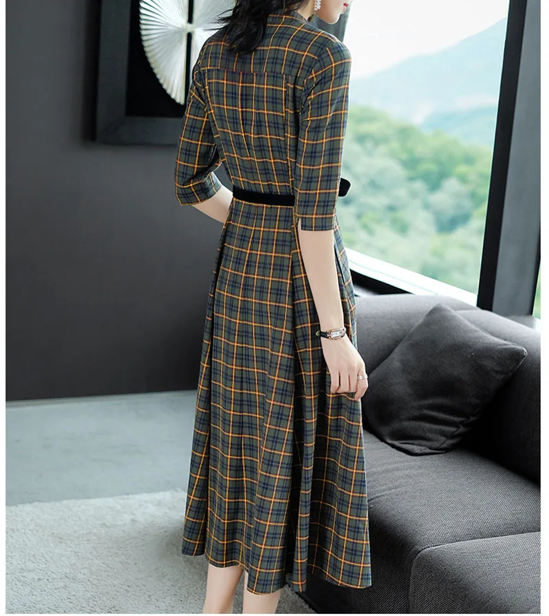 Новое Ретро английское большое Свободное длинное платье приталенное клетчатое