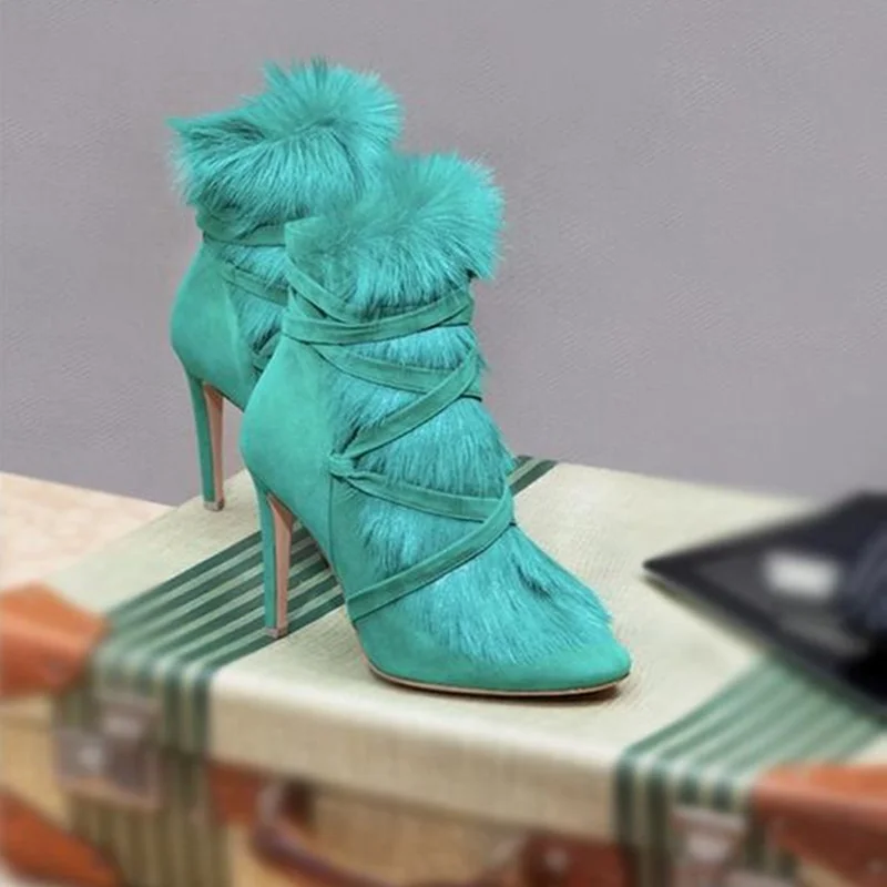 

Sexy Fur Ankle Boots High Heel Lace-up Pointed Toe Suede Cross Strap Dress Shoes Fashion Party Banquet Shoes Drop Ship