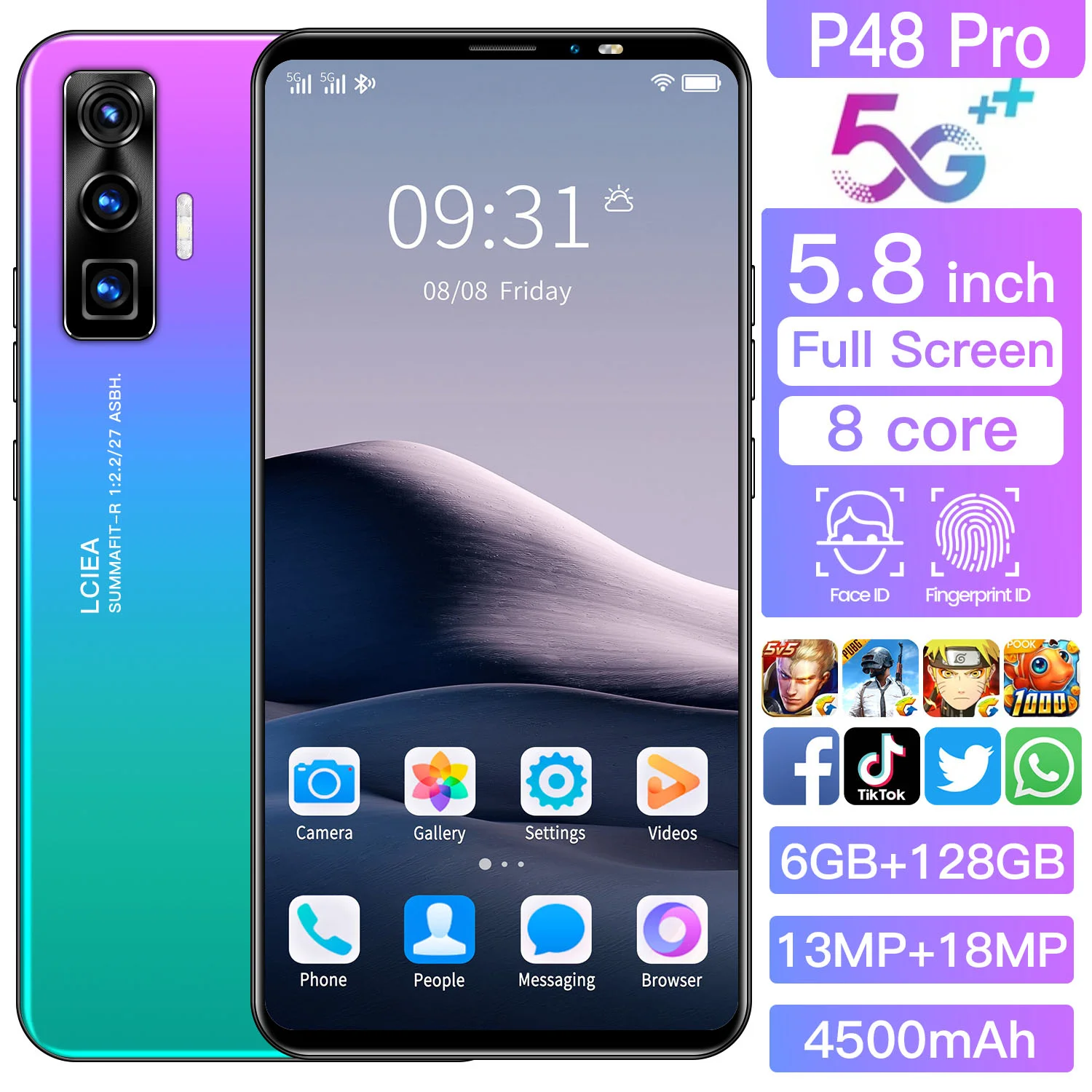 

P48 Pro 5.8 Inch Smart phone13MP Selfie Face wake 6GB+128GB 4500mAh Android10 Dual SIM Card mobile phone 5G 8core Global Version