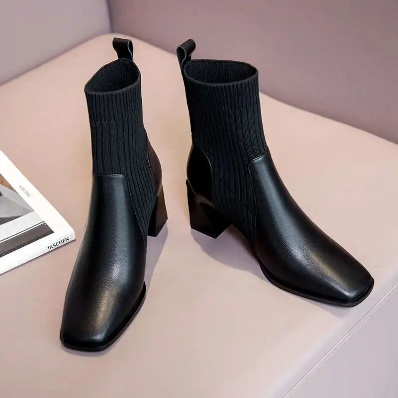 

Krazing Pot plus size cow leather square toe high heel knitting boots vintage gladiator slip on convenient basic ankle boots L00