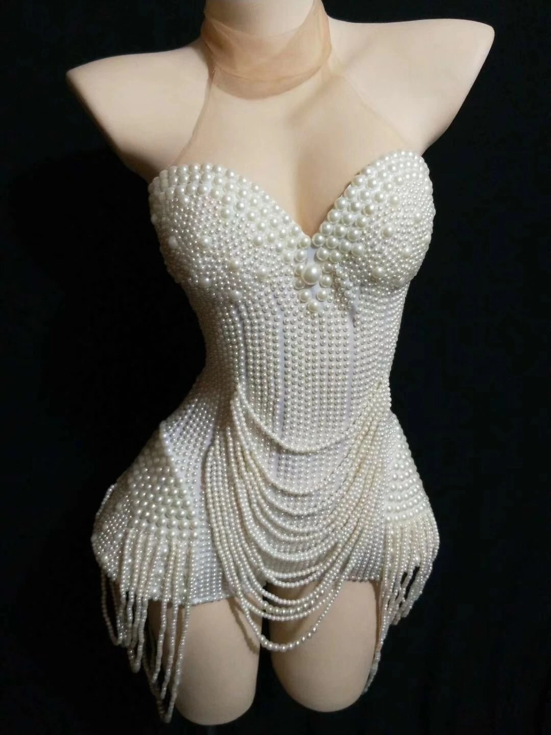 

Women Singer White Pearls Beading Bodysuits Nude Outfits Celebrate Party Glisten Leotard Rhinestones Stage Costumes Jumpsuits