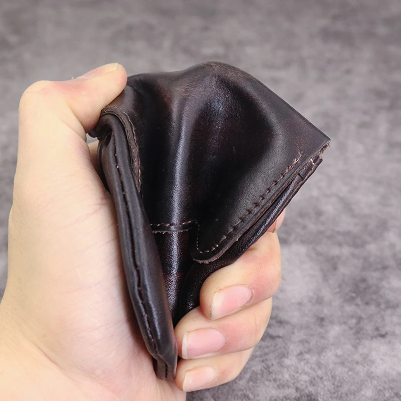 Retro Mini Original Leather Men Wrinkle Coin Purse Credit Cards Holder Genuine Leather Bifold Minimalist Short Wallet for Women