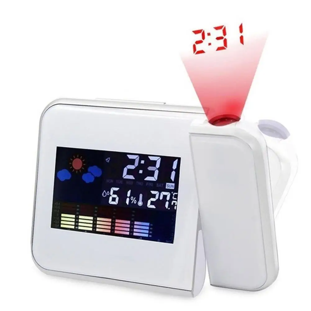 

Digital Led Backlight Display Projection Alarm Clock Calendar Thermometer Humidity Support Snooze Weather Temperature