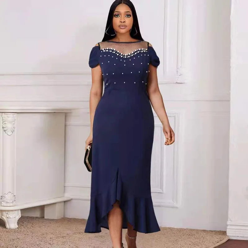 

Brand Quality Sheer Neck Dresses For Women 2021 Fashion Beaded Short Sleeves Satin Lady Formal Vestidos Mother Evening Gowns