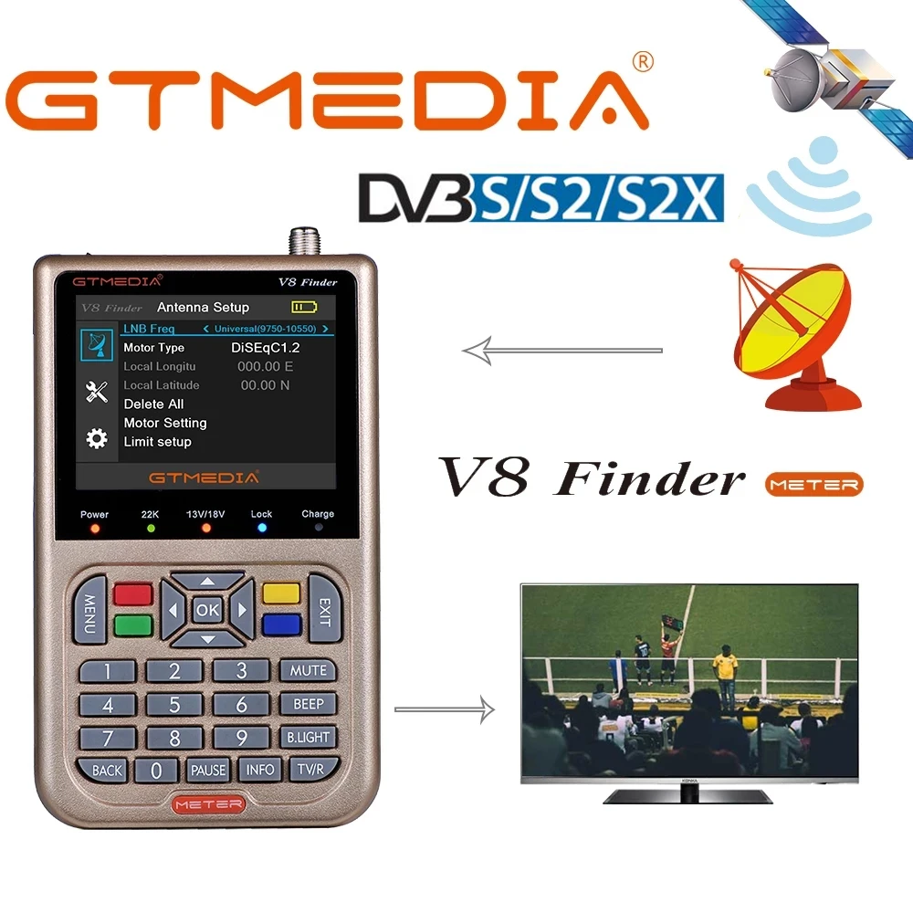 

GTMEDIA V8 Finder Meter Digital Satellite Finder Locator 3.5in LCD 1080P HD DVB-S2 S2X SatFinder FTA TV Signal Sat Decoder