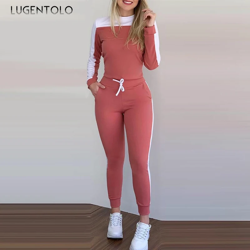 

Lugentolo Women Sets Sports 2 Piece Set Tight Long Sleeve O-neck Short Top Casual Sports Female Two Piece Outfits for Women Sets
