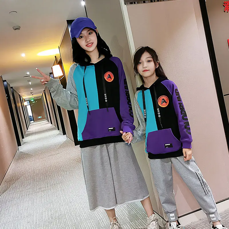 Одежда для мамы и дочки Лоскутная Толстовка с капюшоном высококачественные