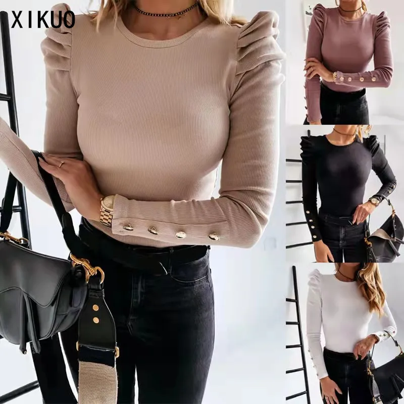 

Women's Autumn and Winter New Style Puff Sleeve Long Sleeve Round Neck All-match Solid Color Bottoming Shirt Women's T-shirtt-LT