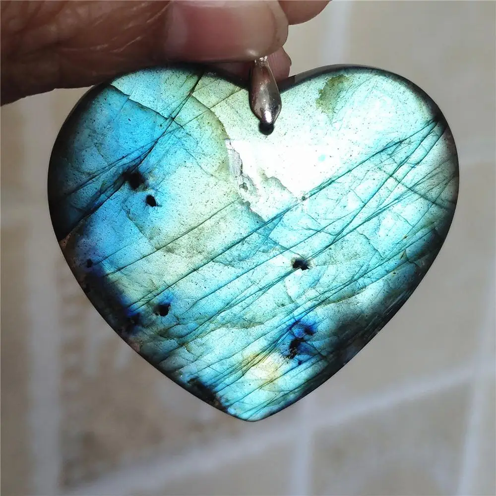 

Genuine Natural Green Blue Light Labradorite Pendant 50x48x11mm Women Men Oval Heart Necklace Jewelry Fashion stone AAAAA